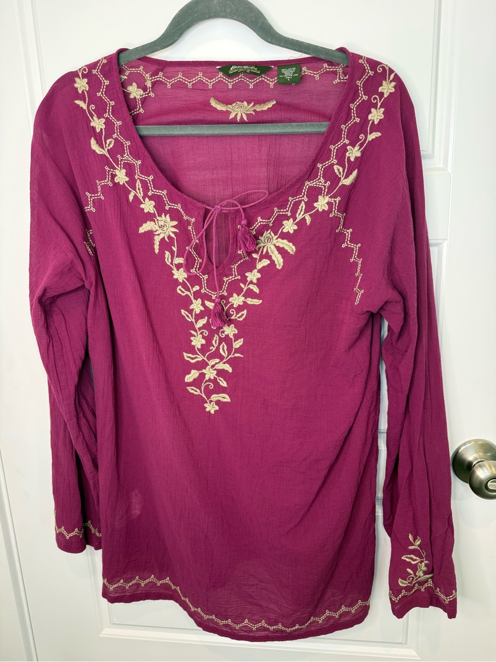 Eddie Bauer Boho Peasant Top Mulberry Embroidered Taupe Women's Tall Large